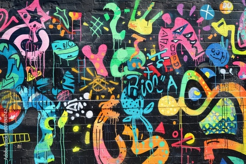 A wall covered in colorful graffiti art in an urban setting, A blackboard graffiti mural showcasing vibrant street art and urban influences