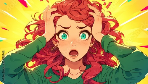 comic book style of an extremely shocked woman with red hair, hands in the air and mouth open photo