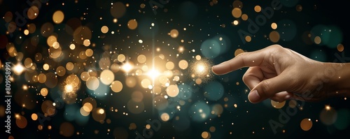 A persons hand pointing towards something  with blurry lights creating a background