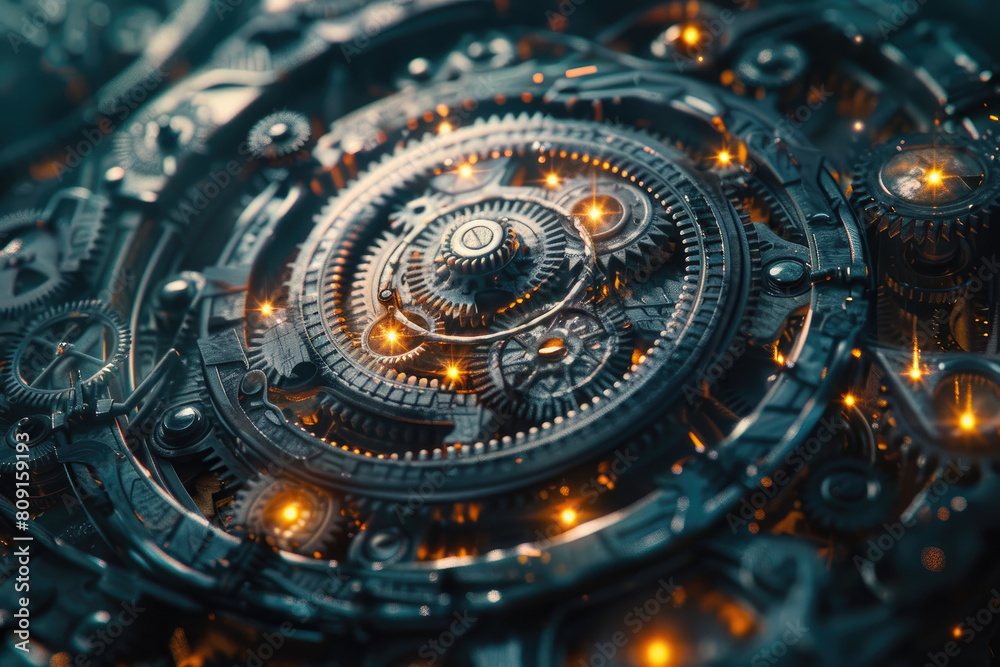 The world of multiverse clockworks, where interlocking gears in 3D form a conceptual journey through time and space, captured in realistic photography with natural lighting.
