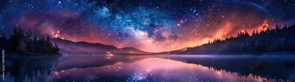 The celestial enchantment of a mystical night sky over a peaceful lake, captured in realistic photography that evokes a sense of tranquility and wonder.