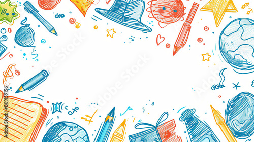 Education concept. Back to school. Colorful background with globe, microscope, book, pencil, star, hat. Vector illustration. photo