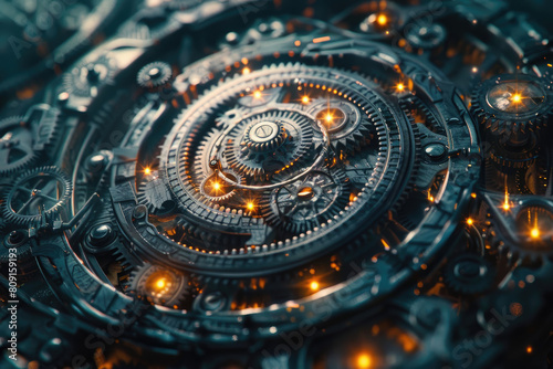 The world of multiverse clockworks, where interlocking gears in 3D form a conceptual journey through time and space, captured in realistic photography with natural lighting.