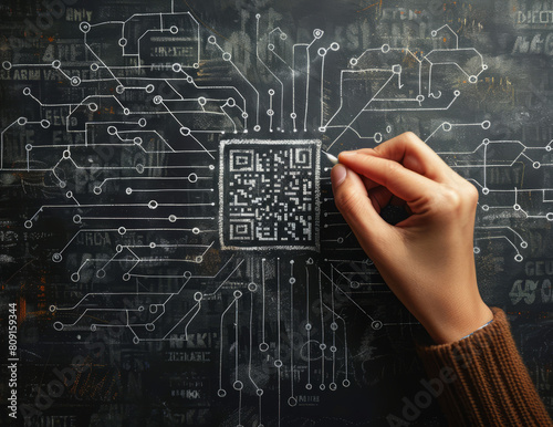 Hand drawing a QR code on a complex digital circuit board background