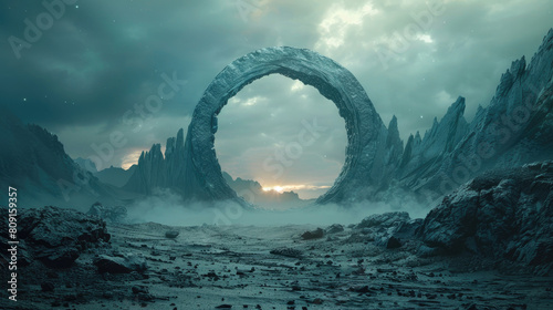 The future with a stunning depiction of a circular 3D gateway serving as a portal to another universe, captured in natural lighting with a realistic touch.