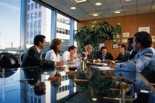 Group of business executives discussing strategies at a conference table, A boardroom meeting with executives discussing strategies and plans