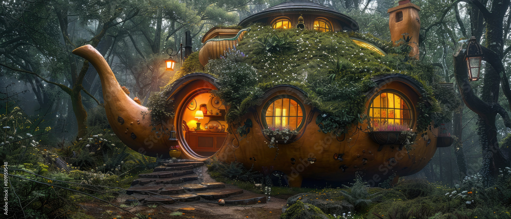 Obraz premium A whimsical world with this teapot house, where storybook architecture blends with playful fantasy, all captured in realistic photography with natural lighting.