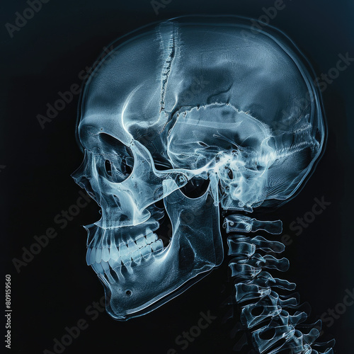 The depths of human anatomy with this x-ray image showcasing the detailed structure of a human skull set against a dark background, ideal for medical and educational use. photo