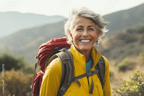 Spirited Senior woman hiking. Hiker person. Generate Ai