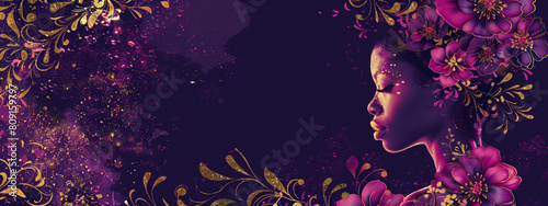 A beautiful black woman with flowers in her hair, splattered purple paint and colorful sparks on the left side of an empty background photo