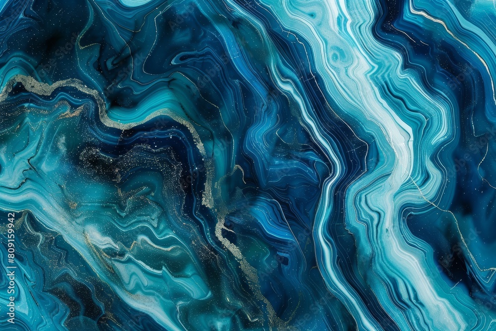 Obraz premium Detailed close up of a blue and white marble showcasing its bold and vibrant colors and intricate pattern, A bold and vibrant marble pattern in shades of blue and green