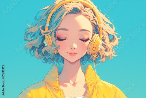 anime girl with short hair listening to music on headphones, pastel colors