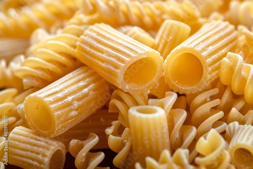 Close-up shot of raw egg pasta spiral and macaroni mixture, ingredients for homemade pasta making