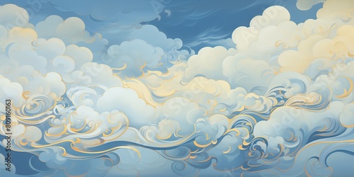Blue sky  several classical auspicious cloud patterns with gold outlines  arranged on a background with pearlescent matte effect decorative background scene