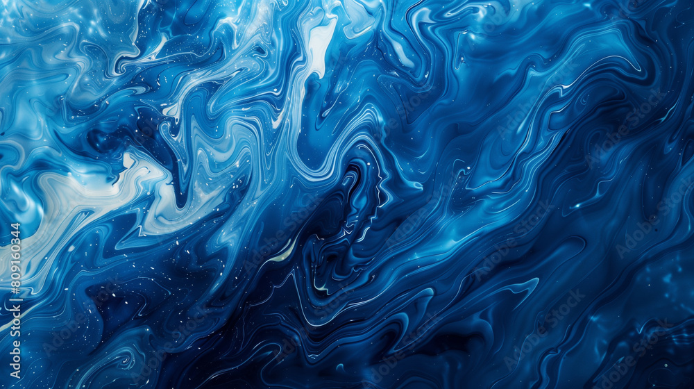 Abstract blue water waves background. Close up of liquid paint swirls and ripples in deep ocean color with copy space.