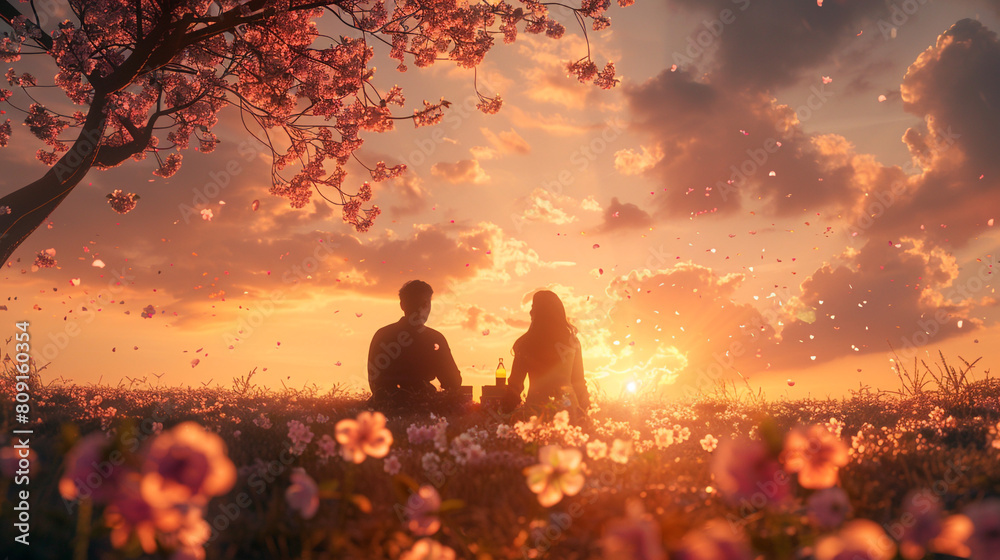 Adorable couple enjoying a romantic picnic in a blooming meadow.