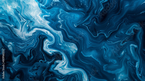 Abstract blue water waves background. Close up of liquid paint swirls and ripples in deep ocean color with copy space.