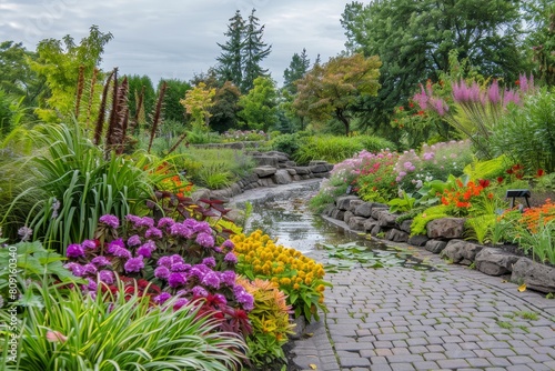 Garden bursting with colorful flowers beside a flowing river, A botanical garden with colorful flowers and meandering streams