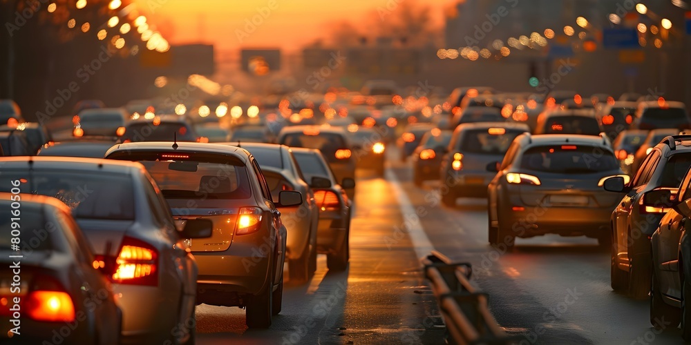 Heavy traffic on highway due to prolonged congestion and high traffic volume. Concept Highway Congestion, Traffic Delays, Heavy Traffic, Road Congestion