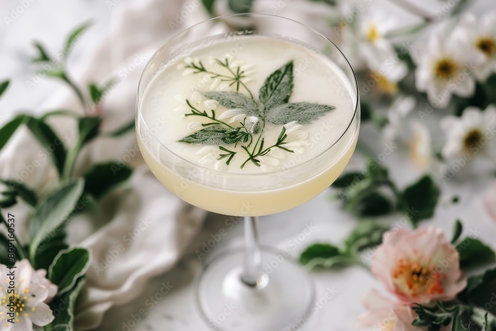 Glass filled with botanical-themed cocktail on table, A botanical-themed cocktail with intricate leaf and floral motifs Glass filled with botanical-themed cocktail on table, A botanical-themed cocktail with intricate leaf and floral motifs