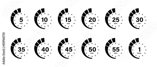 stopwatch icon set, Timer, clock, stopwatch in line style 5 minute to 1 hours isolated set symbol . Label measure time, cooking time and more, Vector illustration.
