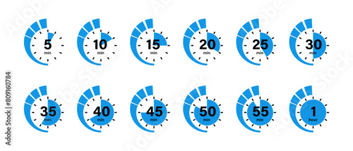 Timer, clock, stopwatch set icons with different time. Countdown timer symbol icon set. Sport, cooking, test, exam, competition, measurement stopwatch countdown timer illustration
