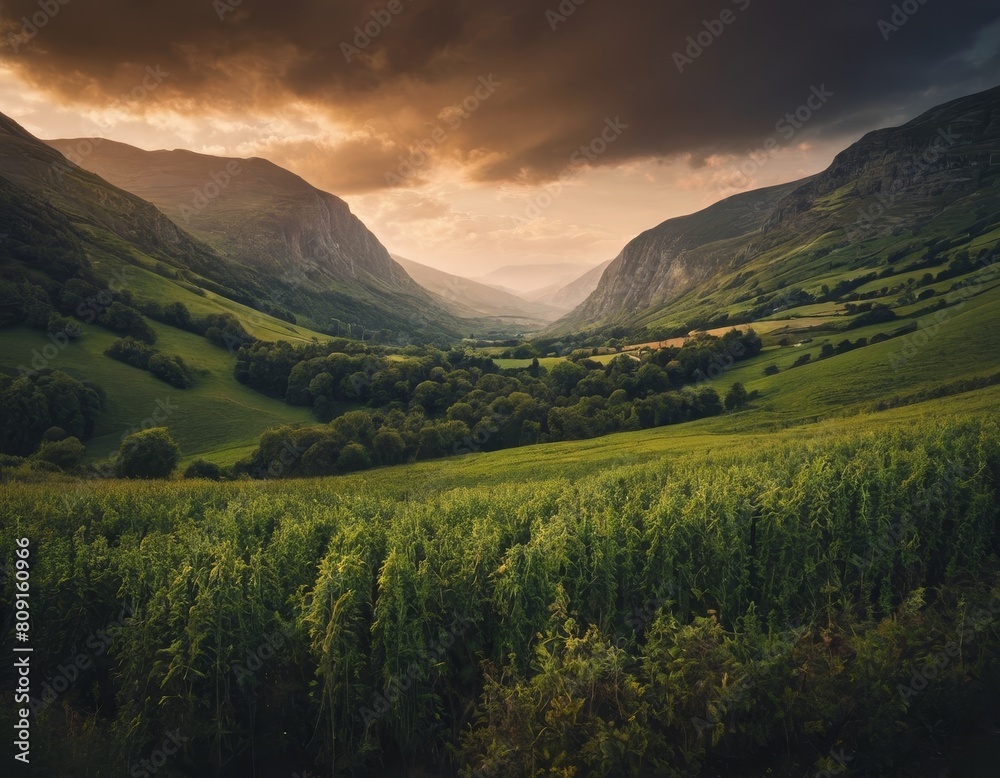 Whispers of Nature: Rolling Hills and a Mountain Cottage at Sunset, Generative AI