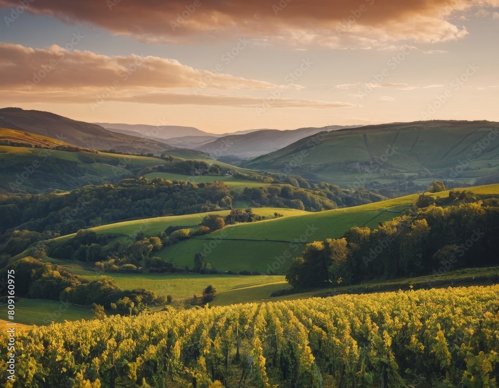 Whispers of Nature: Rolling Hills and a Mountain Cottage at Sunset, Generative AI Whispers of Nature: Rolling Hills and a Mountain Cottage at Sunset, Generative AI