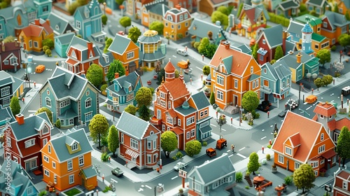 a centered wide shot isometric pixel art small Scandinavian town gradually going big to small, isolated