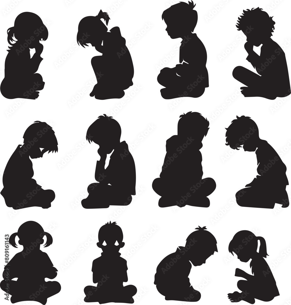 Set of kids Sad black silhouette Set of kids Sad black silhouette