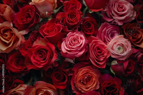 A vibrant collection of red and pink roses in a large bouquet  A bouquet of roses in various shades of red