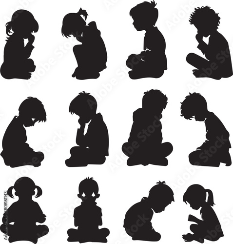 Set of kids Sad black silhouette