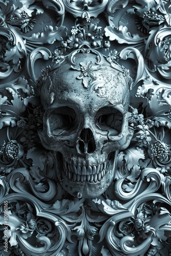 Floral Adorned Skull in Moody Blue Tones 