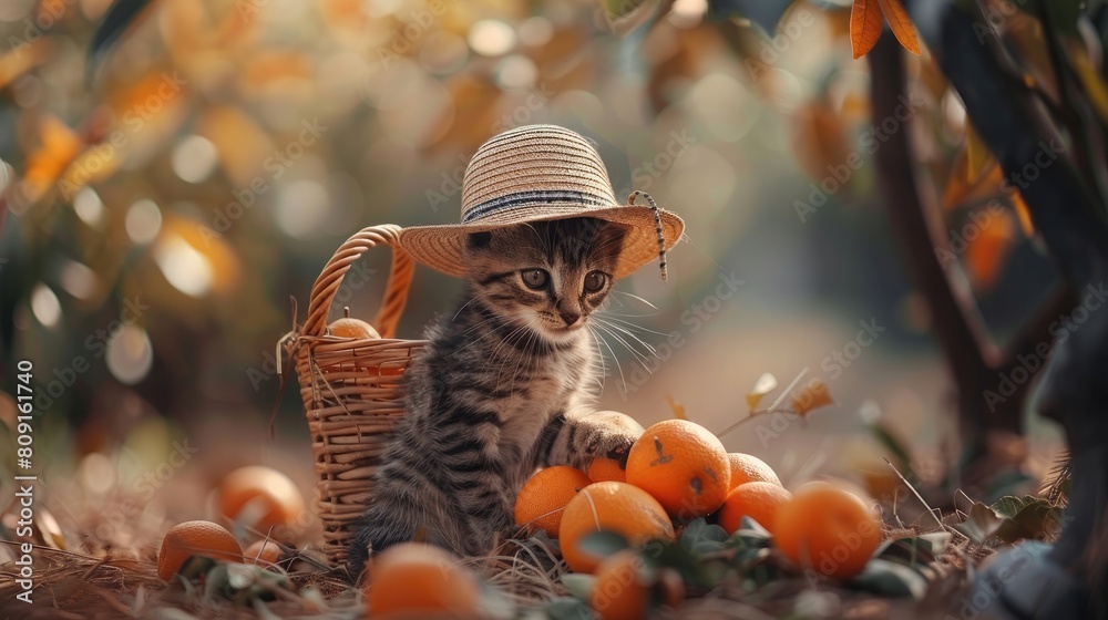 a cute kitten adorned in a charming old-fashioned checkered suit and straw hat, picking oranges under an orange tree while holding ripe oranges in both paws. a cute kitten adorned in a charming old-fashioned checkered suit and straw hat, picking oranges under an orange tree while holding ripe oranges in both paws.