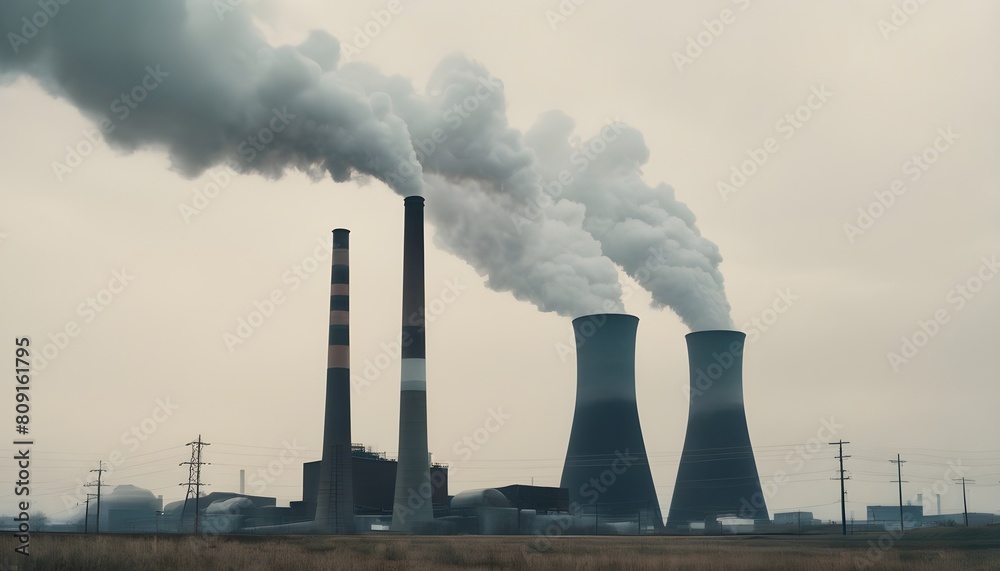 Multiple Coal Fossil Fuel Power Plant Smokestacks create with ai