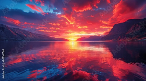 A stunning sunset casting warm hues over a lake as mountains stand in the background