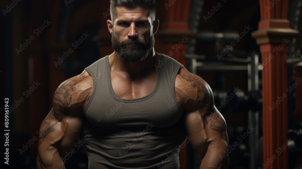 Fototapeta premium muscular tattooed man with beard in gym