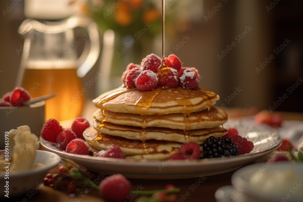 Delicious homemade pancakes with fresh raspberries and honey Delicious homemade pancakes with fresh raspberries and honey
