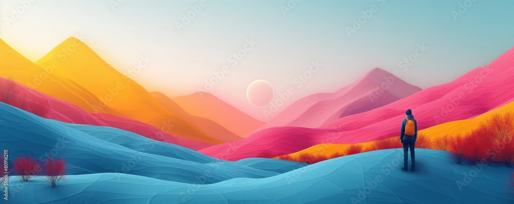 Fototapeta premium Hiker overlooking vibrant alien landscape