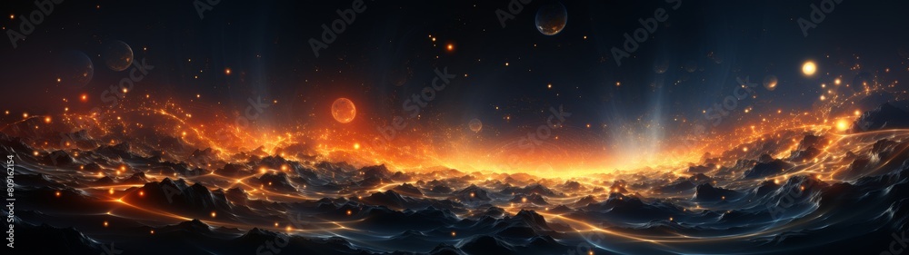 Naklejka premium Fiery alien landscape with glowing moons