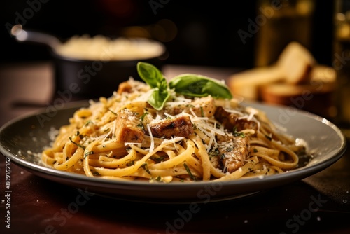 Delicious Italian pasta dish with basil garnish