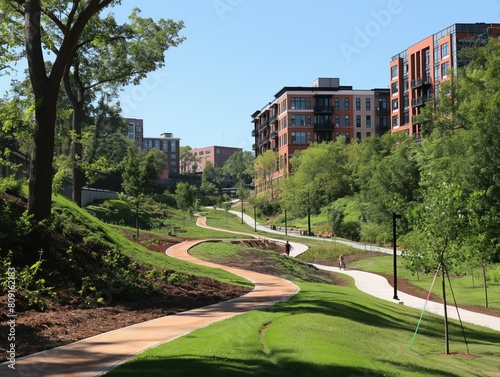 A park with a path that goes through a wooded area. The path is lined with trees and there are benches along the way. The park is located near a row of buildings