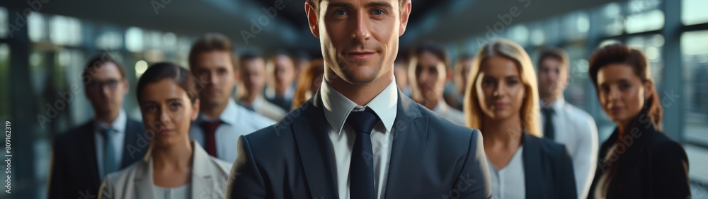 confident business leader in suit surrounded by team confident business leader in suit surrounded by team