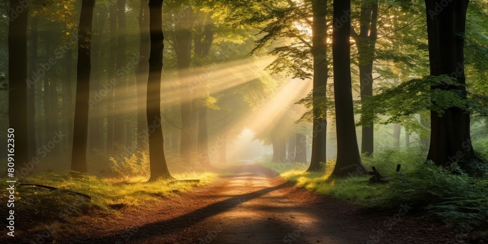 Obraz premium Enchanting forest path with golden sunlight