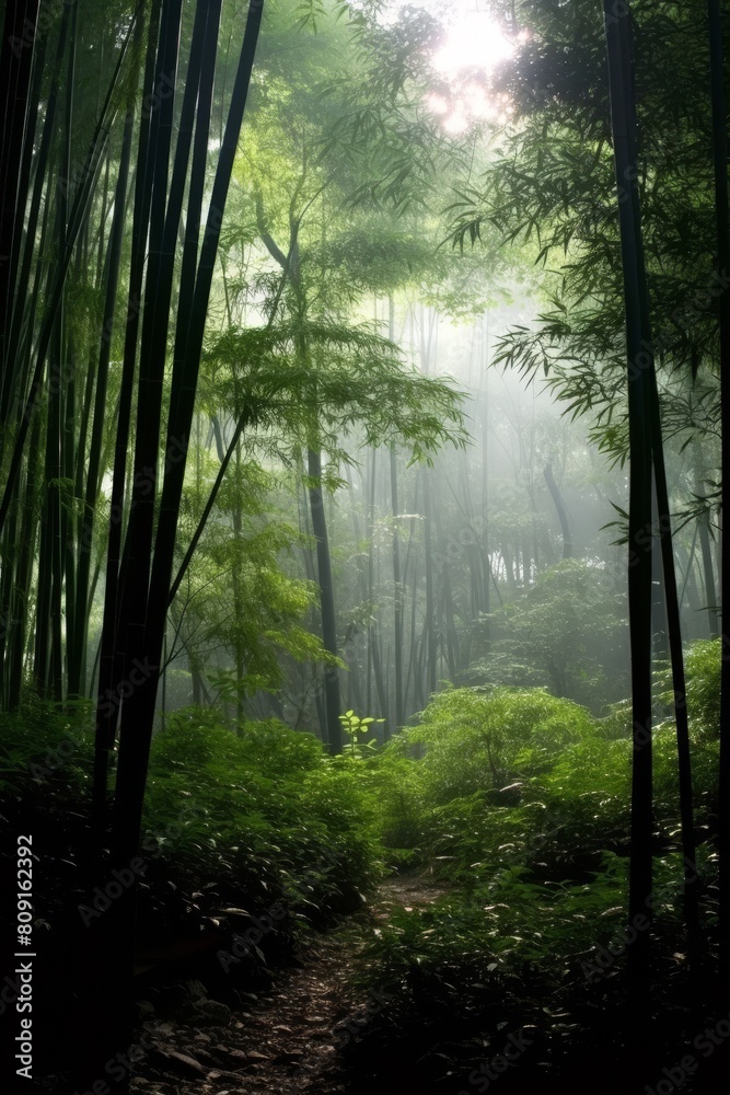 Lush green bamboo forest with misty atmosphere