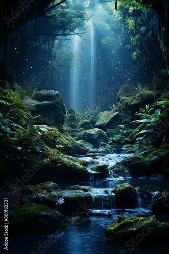 Enchanted forest waterfall landscape