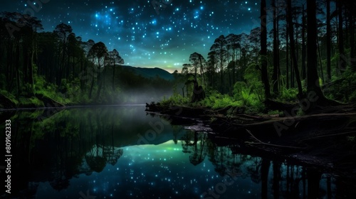 Serene night landscape with glowing stars reflected in a tranquil lake
