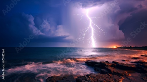 Dramatic lightning strike over crashing waves on a stormy beach