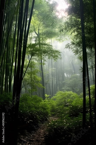 Lush green bamboo forest with misty atmosphere © Balaraw