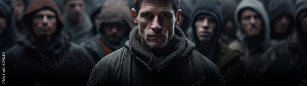 Serious man in dark winter coat surrounded by crowd Serious man in dark winter coat surrounded by crowd